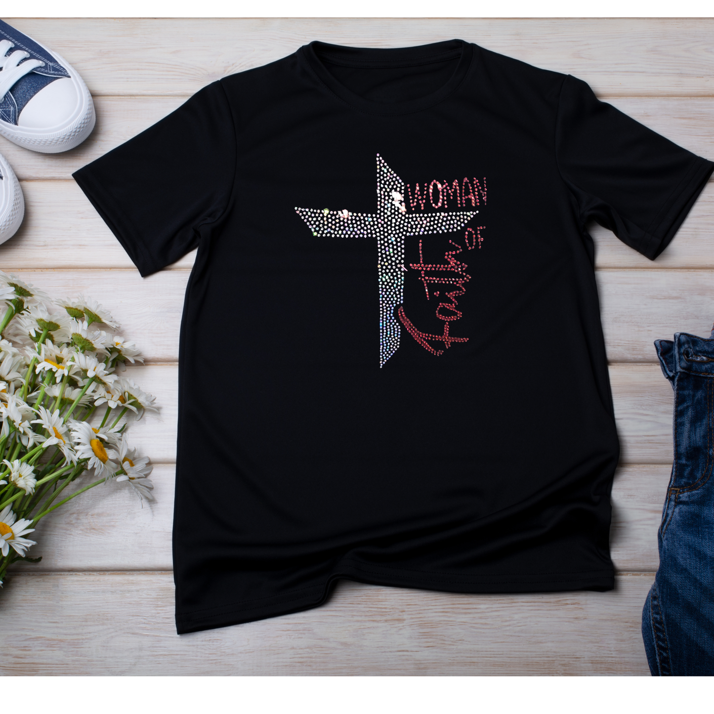 Woman Of Faith Rhinestone Blinged Soft Cotton Tee Faith Based Motivational, Inspirational, Christian Apparel