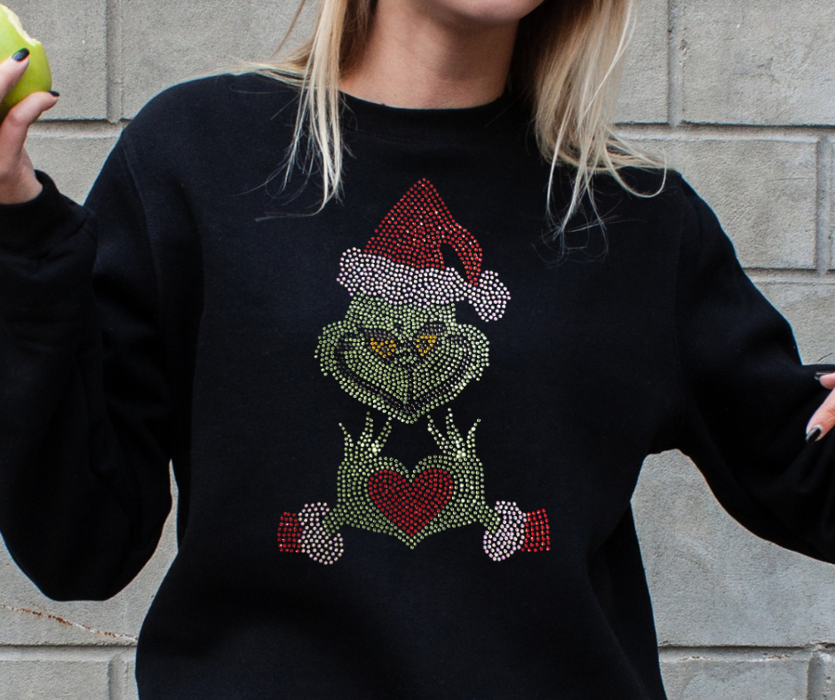 Christmas Grinch Comfy Rhinestone Hoodie Blinged out Beauty