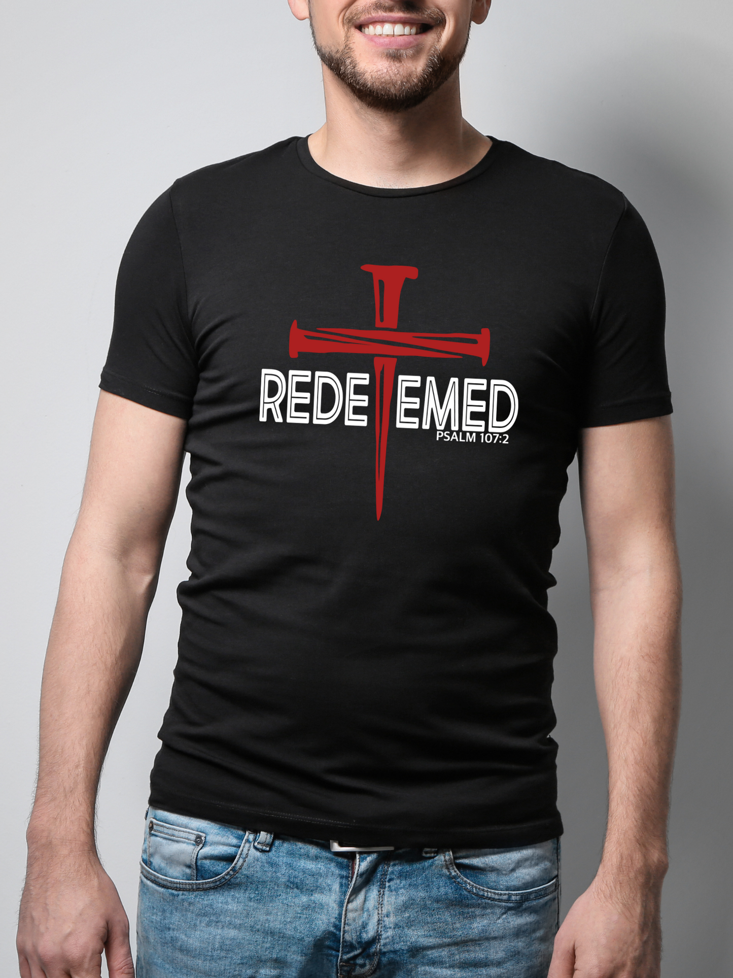 Redeemed by His blood Psalm 107:2 Tee Short Sleeve Soft Cotton