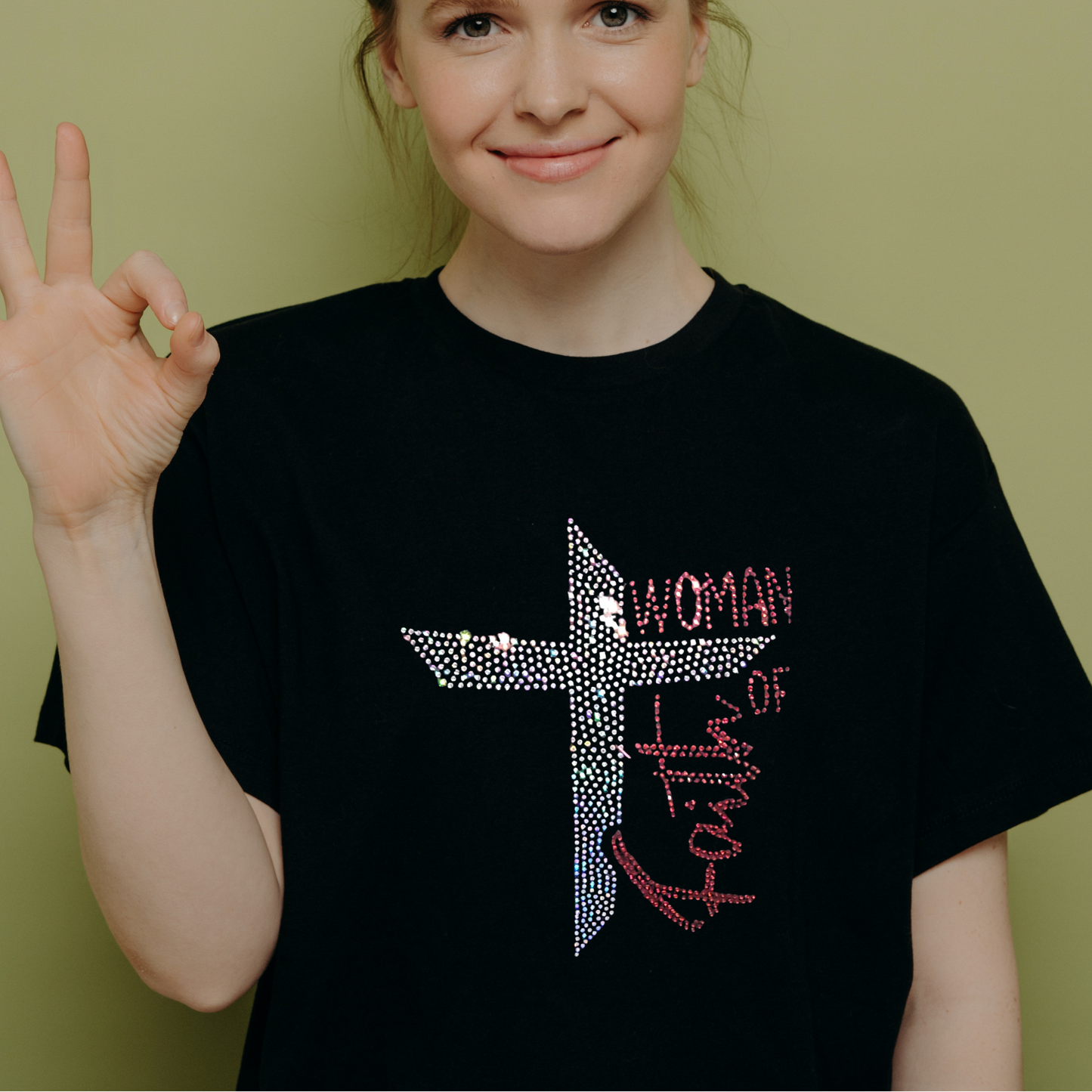 Woman Of Faith Rhinestone Blinged Soft Cotton Tee Faith Based Motivational, Inspirational, Christian Apparel