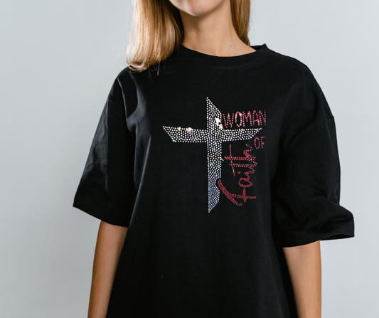 Woman Of Faith Rhinestone Blinged Soft Cotton Tee Faith Based Motivational, Inspirational, Christian Apparel